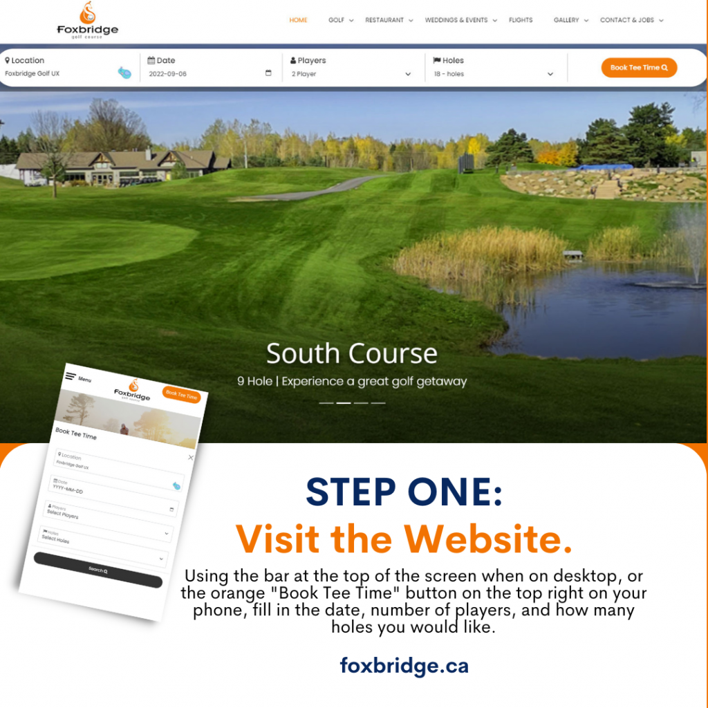 Image: Screen shot of website on desktop and mobile with text reading: Step One: Visit the Website. What follows are text instructions for how to start booking your tee time with our personalized tee time booking system.