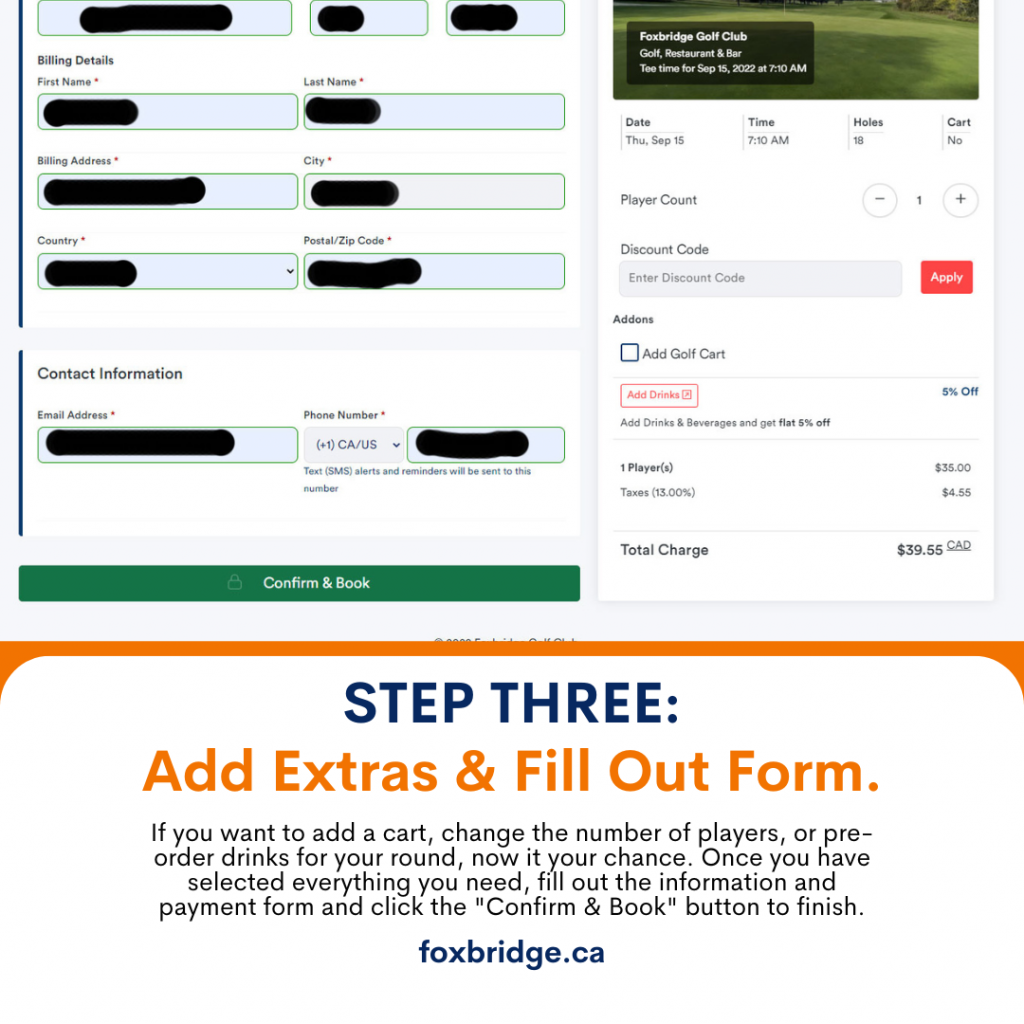 Image: Screen shot of tee time booking system order screen filled out and ready to book a tee time.