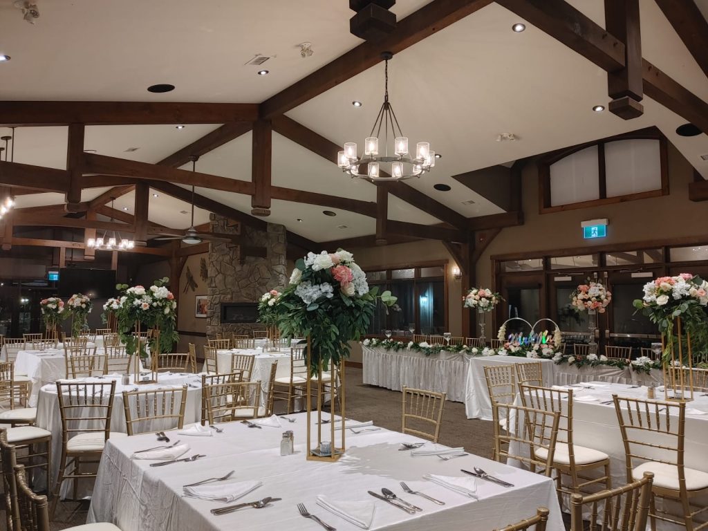 image of Foxbridge Golf Club's restaurant decorated with for a wedding event